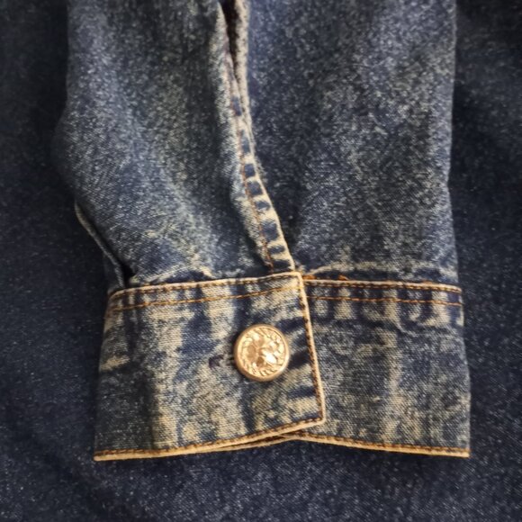 Vintage 80s Pret Embellished Blue Denim Shirt Dress XL Long Sleeve Button Up - Picture 5 of 8